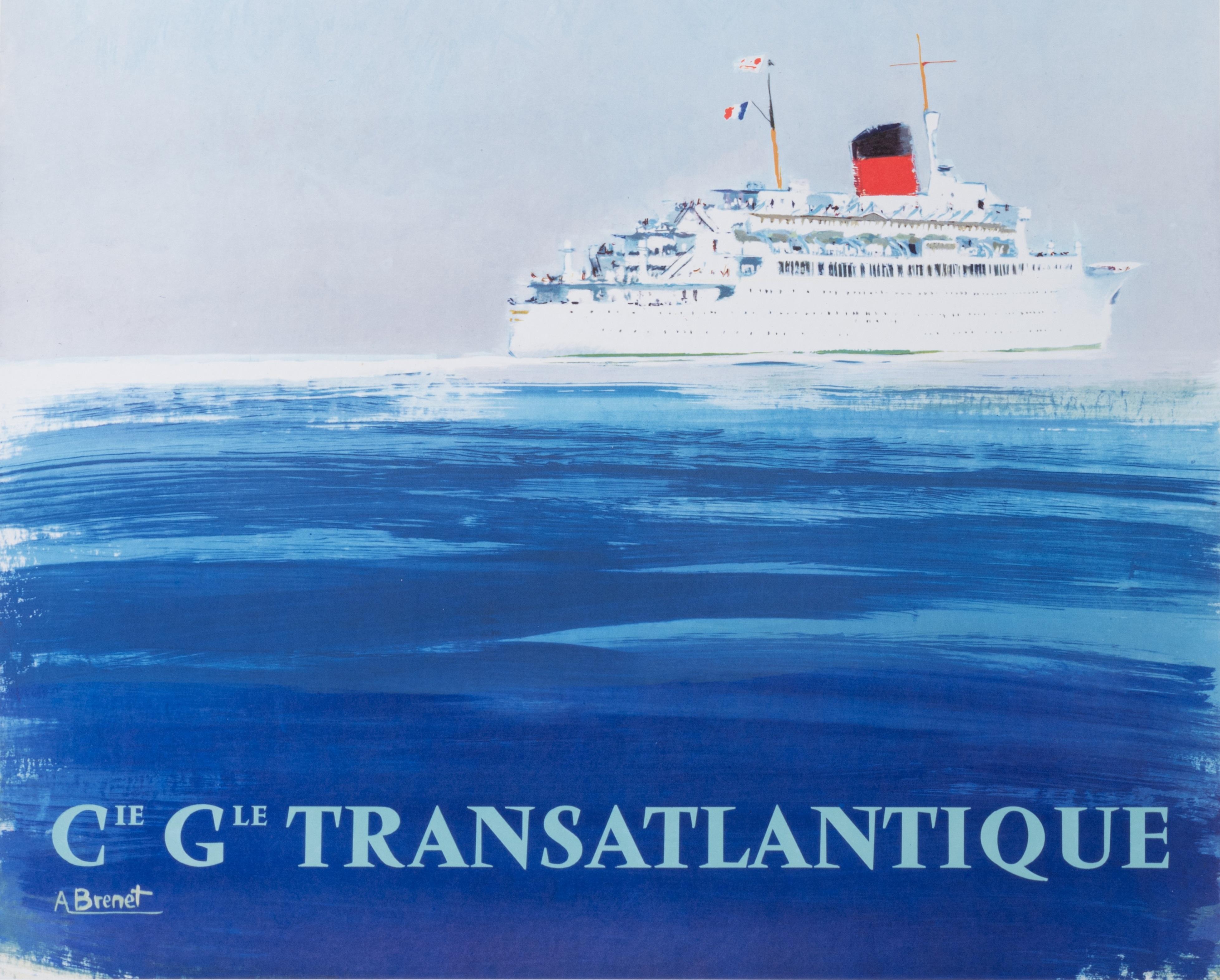 Brenet, Original Travel Poster, Transatlantique, Boats Ships, Navigation, 1950 In Good Condition For Sale In SAINT-OUEN-SUR-SEINE, FR