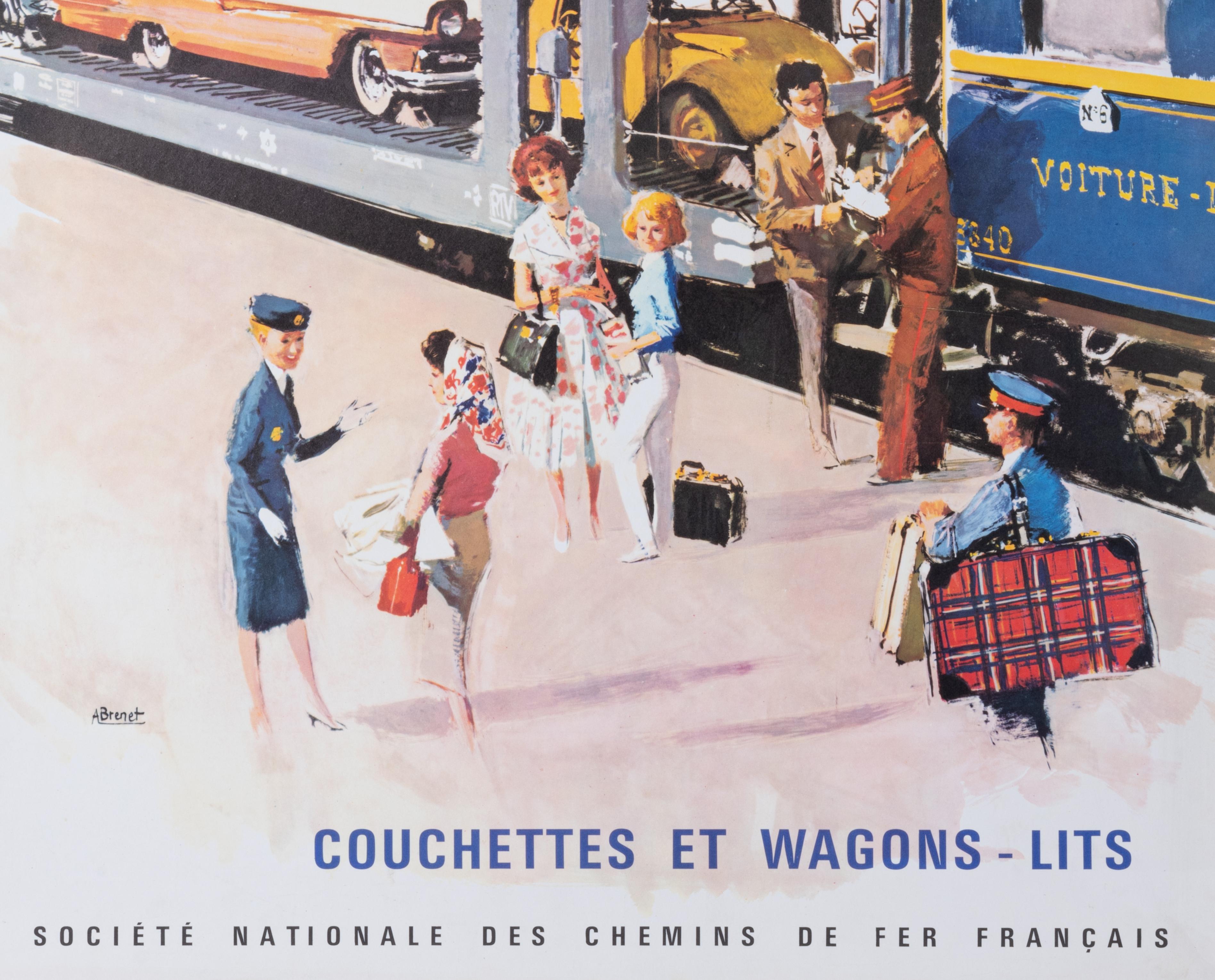 Brenet, Cartel de viaje original, Vagones lits, Coches, Tren, Ferrocarriles, Auto, 1963 Moderno de mediados de siglo en venta