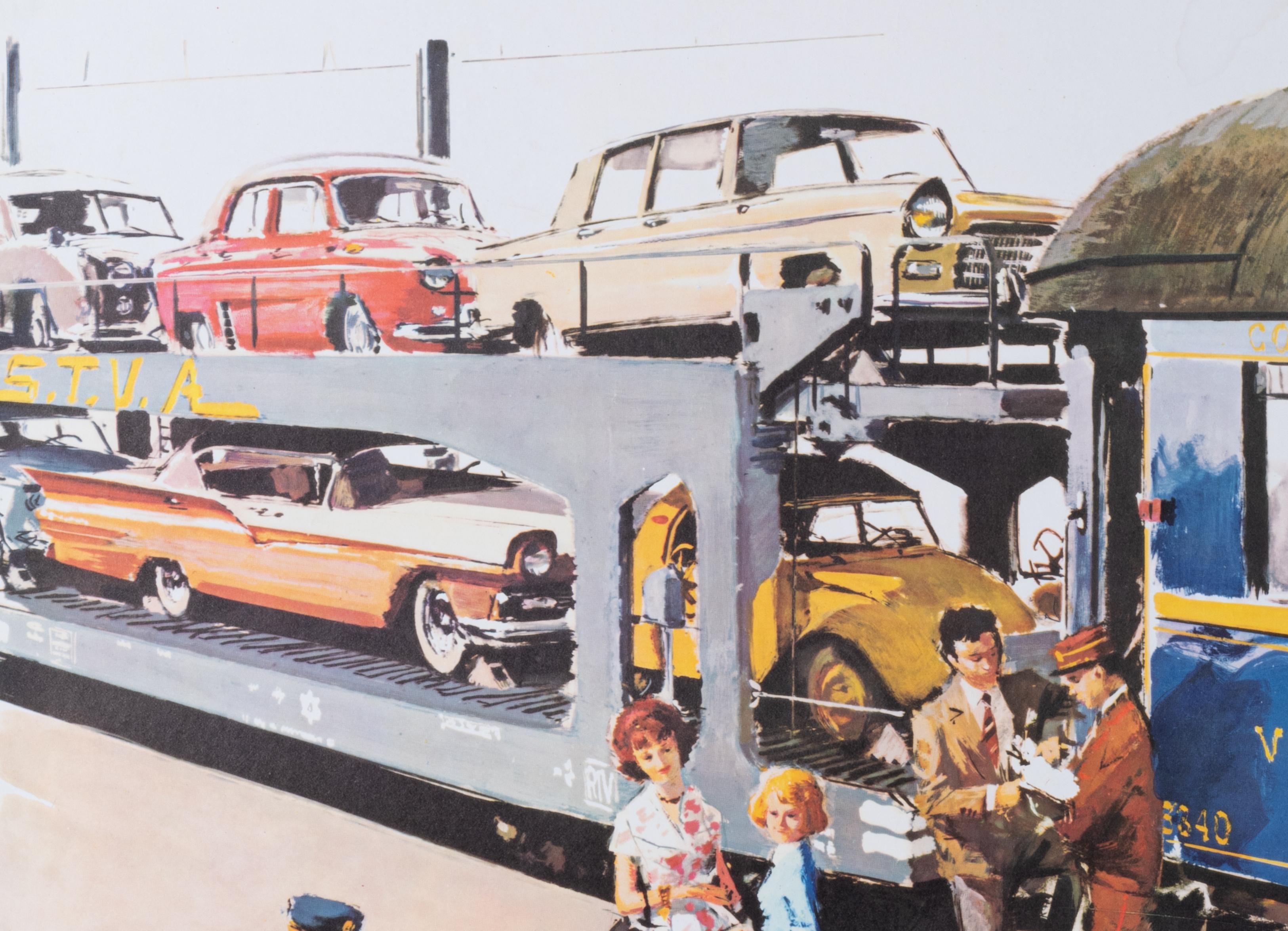 Français Affiche de voyage originale Brenet, wagons éclairés, voitures, trains, chemins de fer, voitures, 1963 en vente