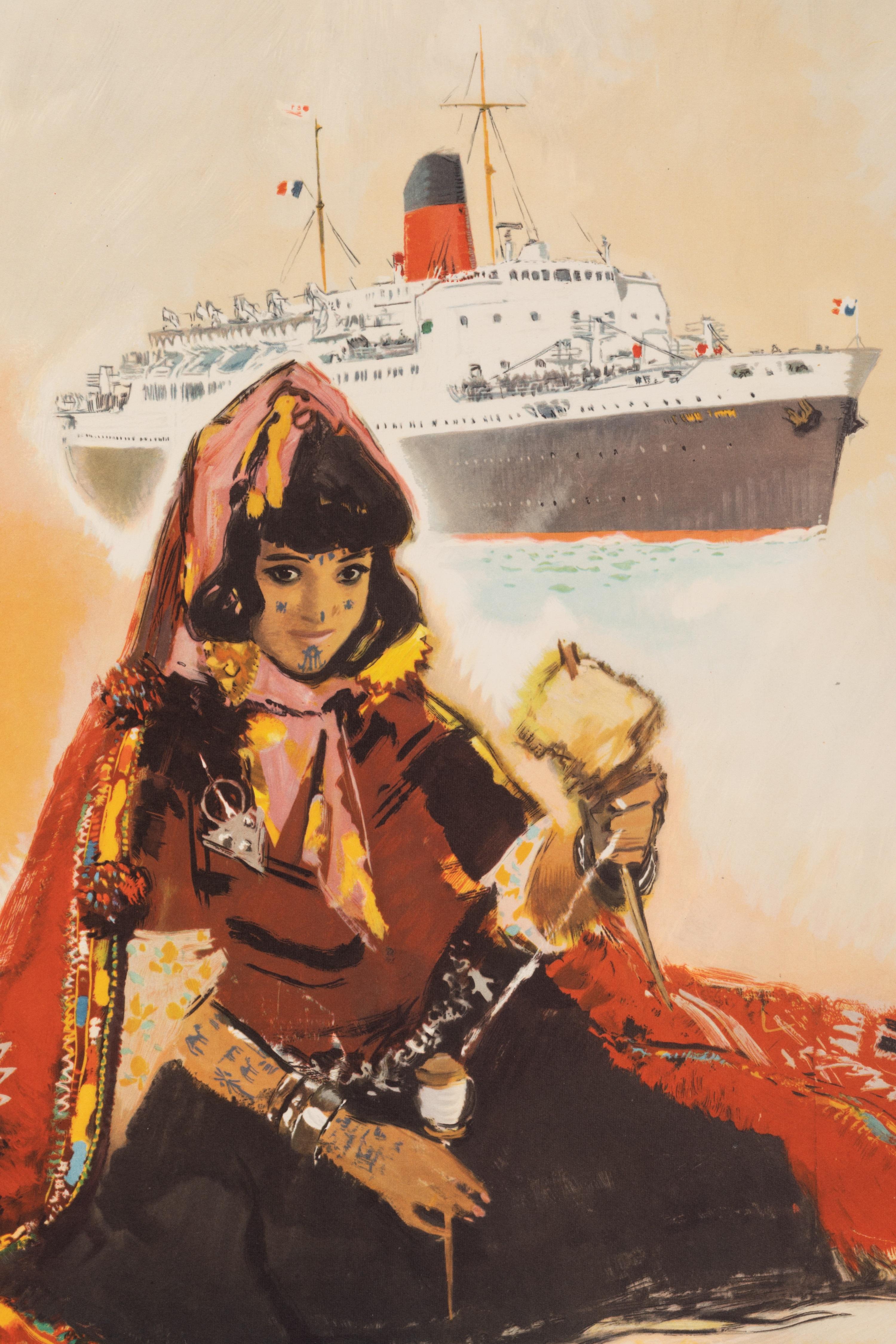 This poster was produced to promote tourism in the Maghreb, particularly in Tunisia via cruises by the Compagnie Générale Transatlantique. 

Artist : Albert Brenet (1903 - 2005)
Title : Compagnie Générale Transatlantique – Lignes de la Méditerranée