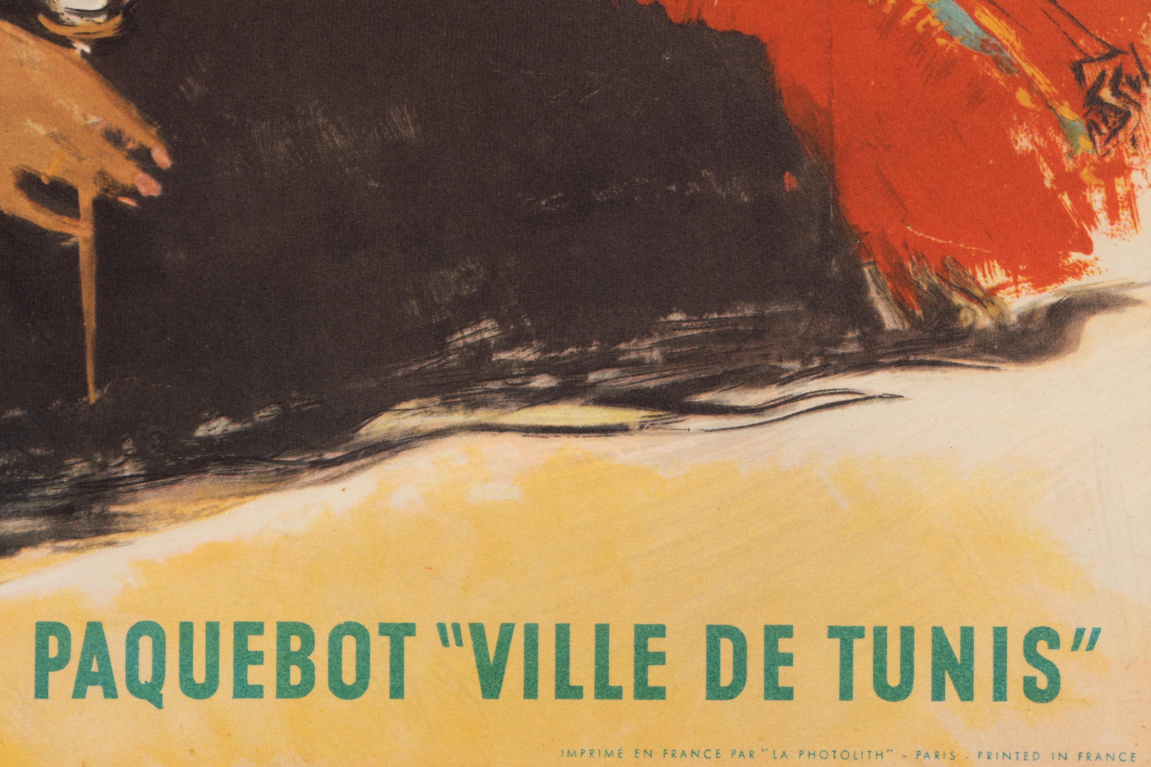 French Brenet, Original Vintage Poster, CGT, Ocean Tunis Liner, Henna, Spindle, 1955 For Sale