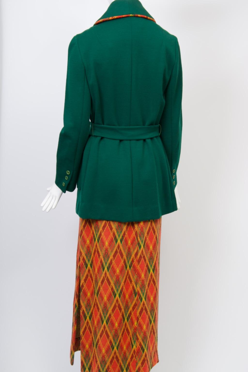 Brenner Couture Plaid Maxi Dress with Green Jacket In Excellent Condition For Sale In Alford, MA