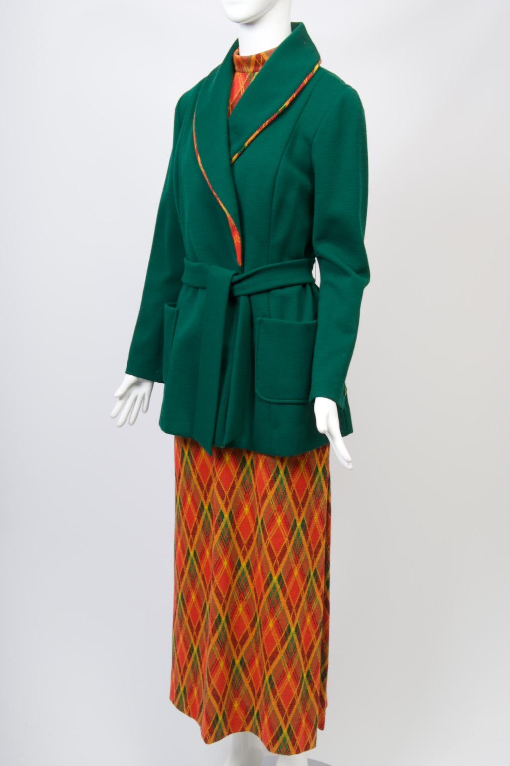 Brenner Couture - Robe longue à carreaux et veste verte Excellent état - En vente à Alford, MA