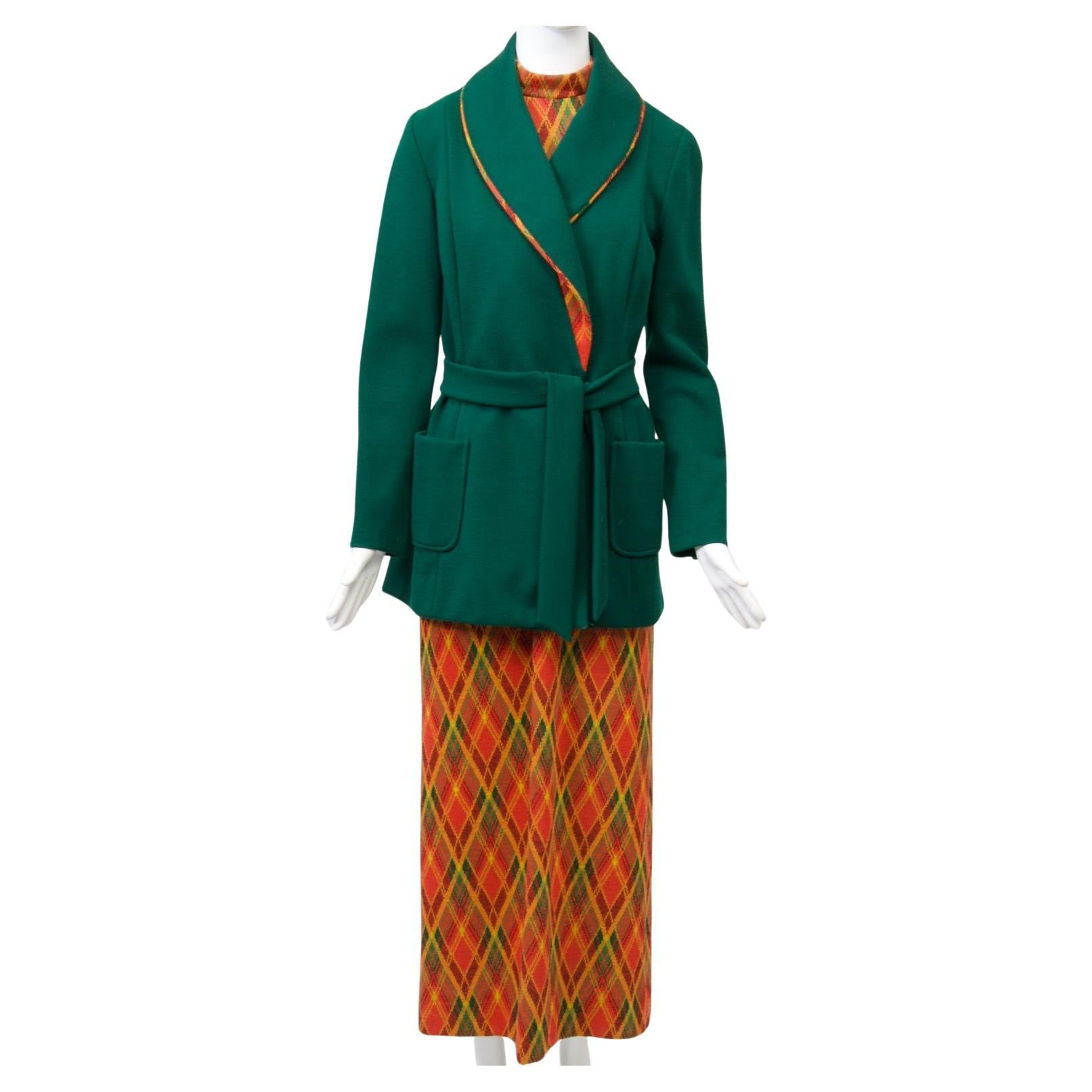 Brenner Couture Plaid Maxi Dress with Green Jacket For Sale