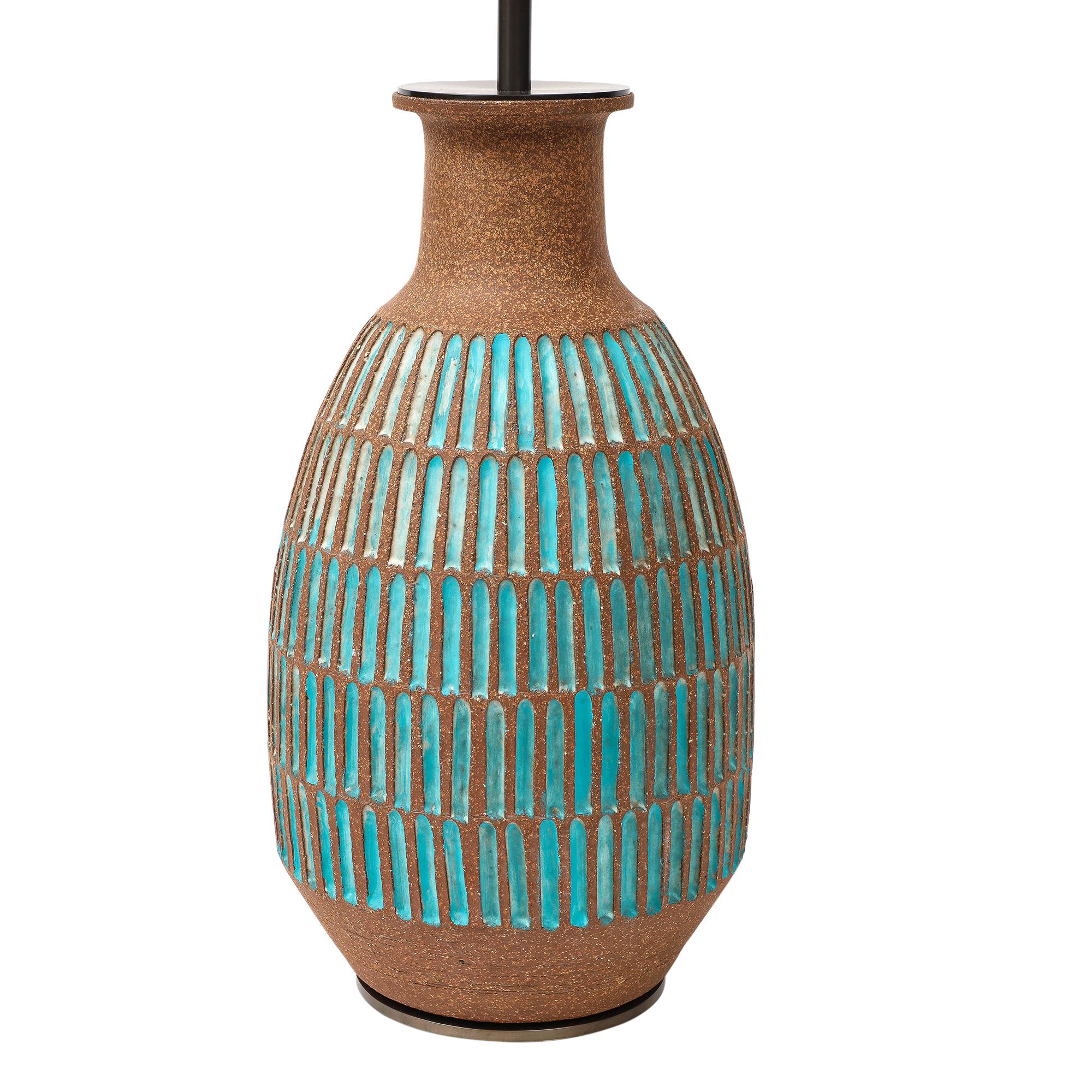 Brent Bennett Lamp, Ceramic, Brown, Aqua Blue, Incised en venta 5