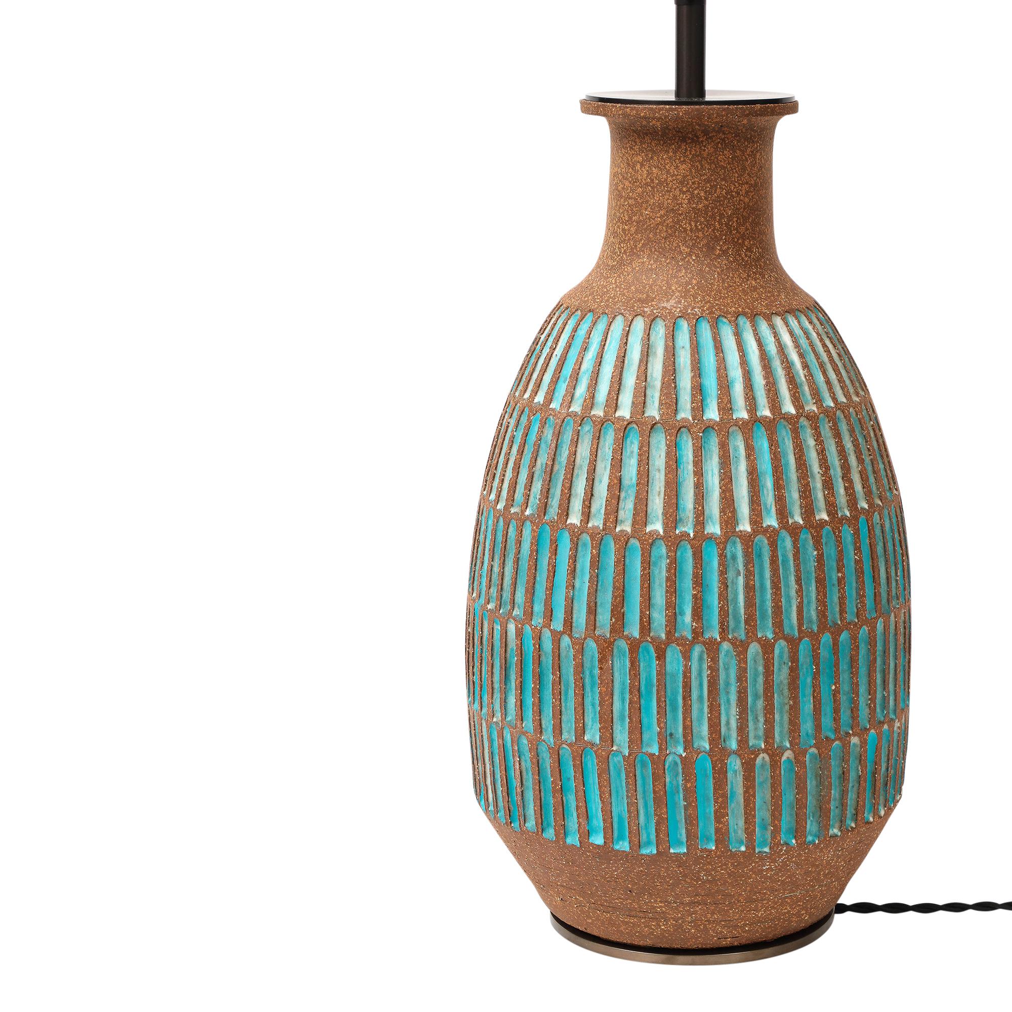 Brent Bennett Lamp, Ceramic, Brown, Aqua Blue, Incised Alfarería en venta