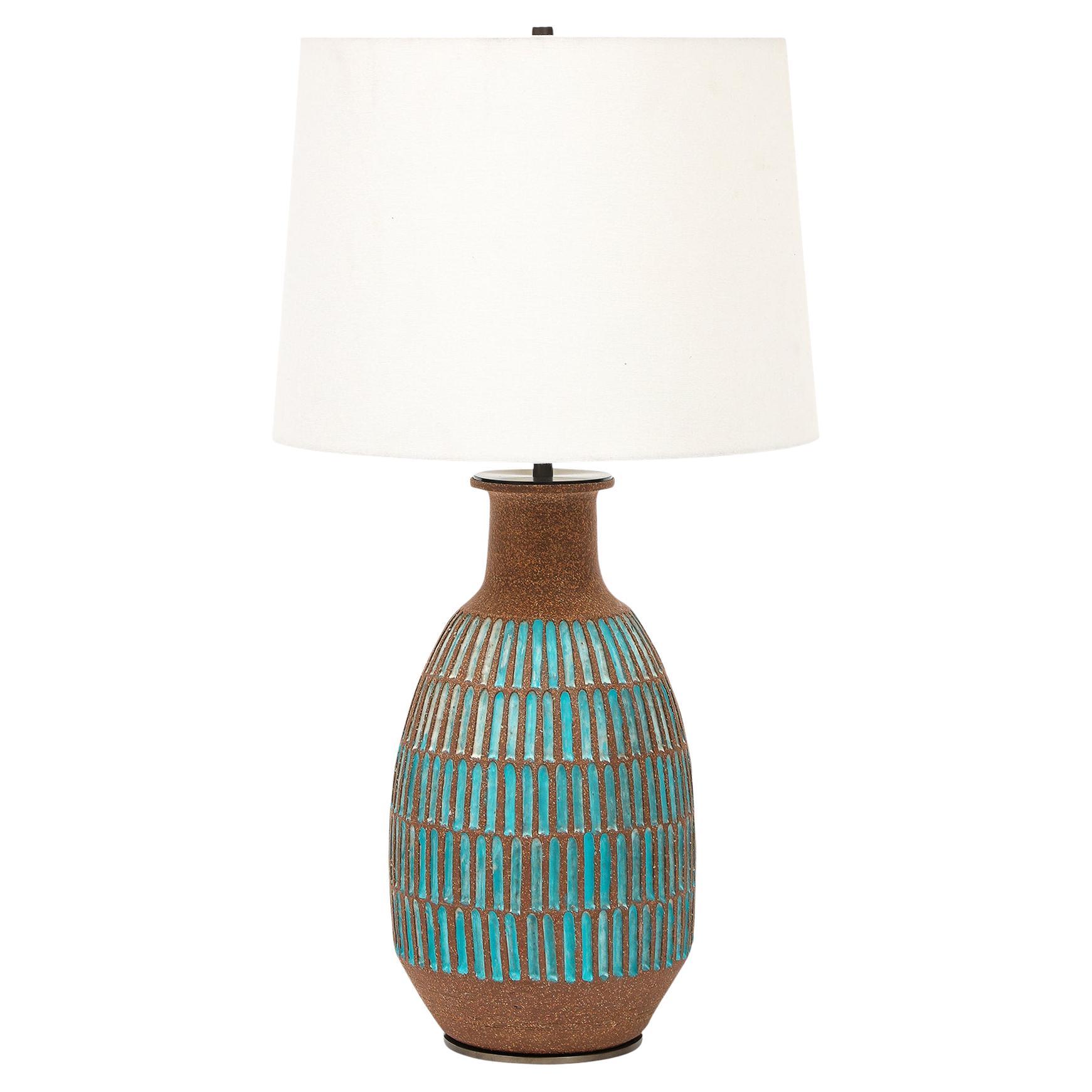 Brent Bennett Lamp, Ceramic, Brown, Aqua Blue, Incised en venta