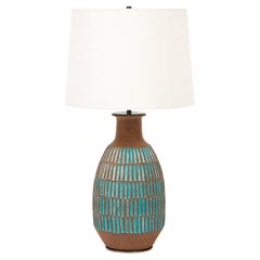 Brent Bennett Lamp, Ceramic, Brown, Aqua Blue, Incised