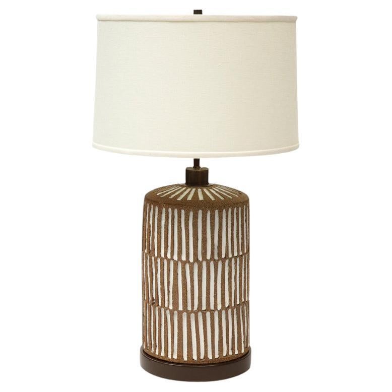 Brent Bennett Lamp, Ceramic, Brown, White, Incised