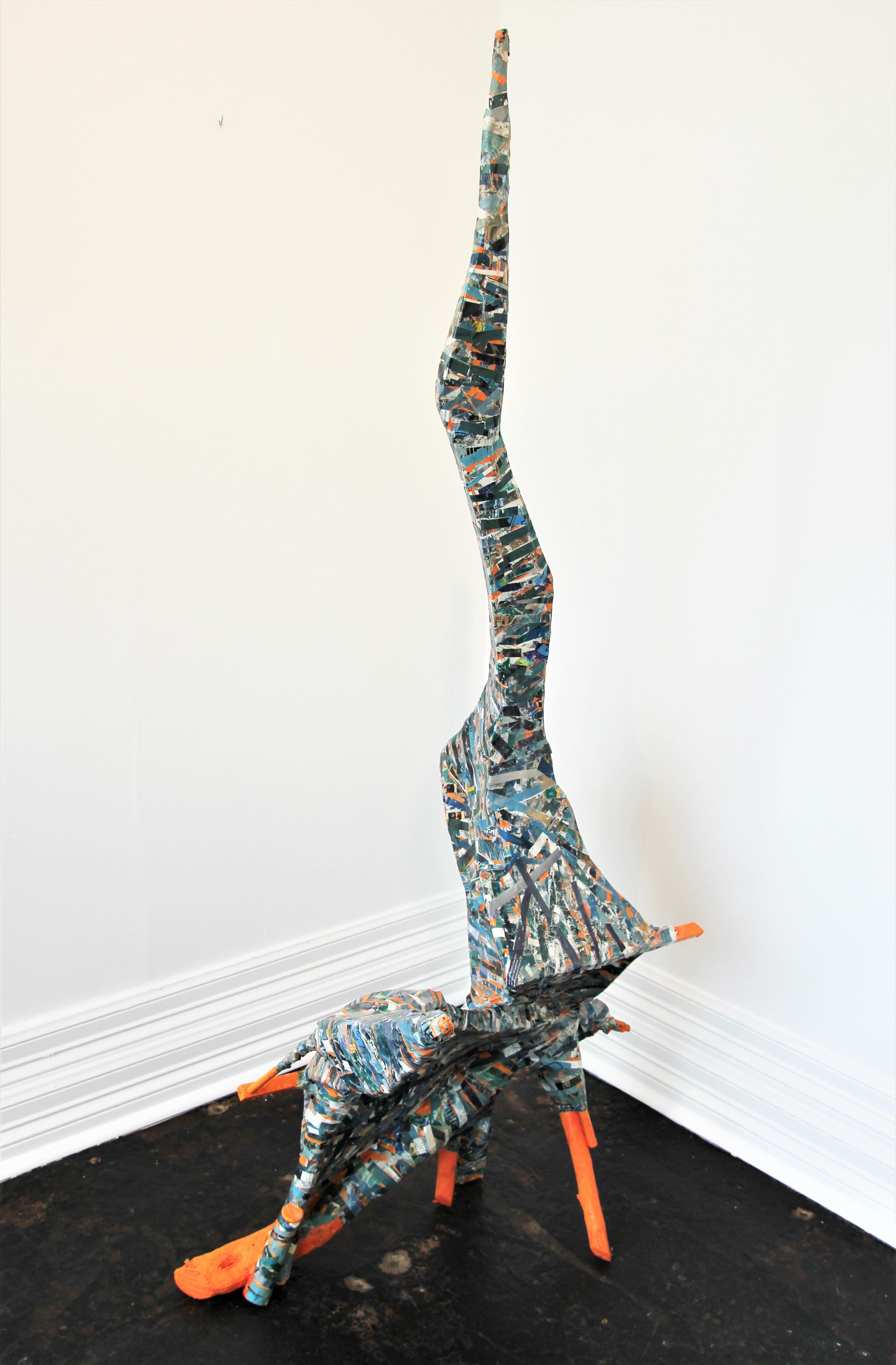 Abstrakte zeitgenössische Collage-Skulptur nach dem Deluge in Blau und Orange (Braun), Abstract Sculpture, von Brent Fogt