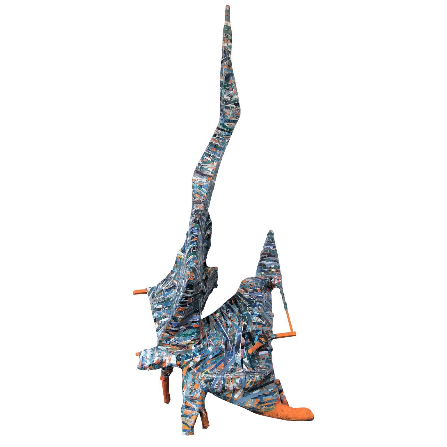 "Dopo il diluvio" Scultura astratta contemporanea a collage blu e arancione