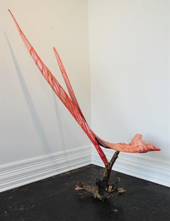 “Air and Space” Red Abstract Contemporary Collage and Found Wood Sculpture