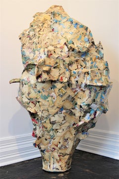 “Backtrack” Cream and Blue Abstract Contemporary Mixed Media Collage Sculpture