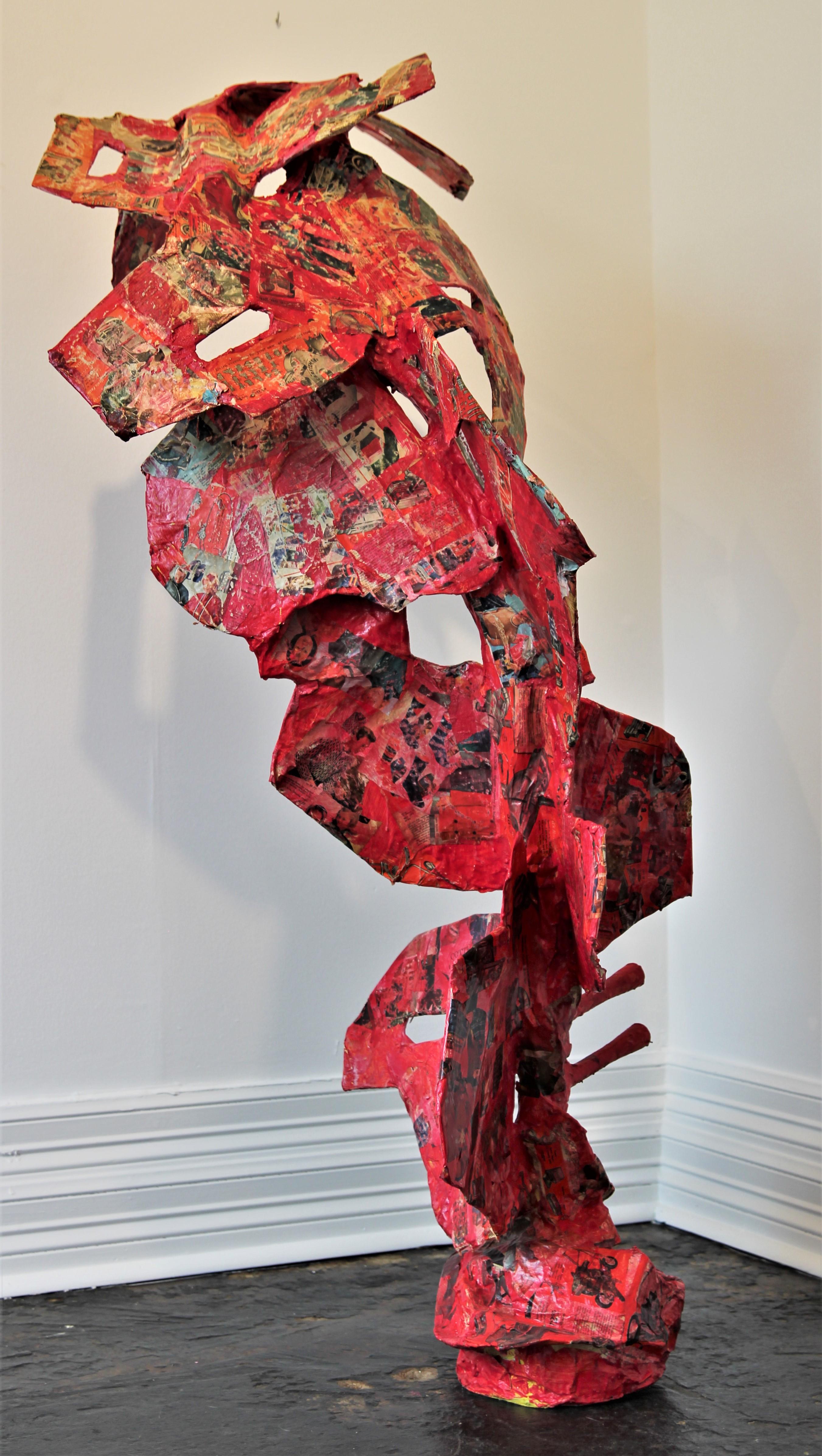 Sculpture abstraite contemporaine en collage de supports mélangés rouge « Culture Counter » en vente 1