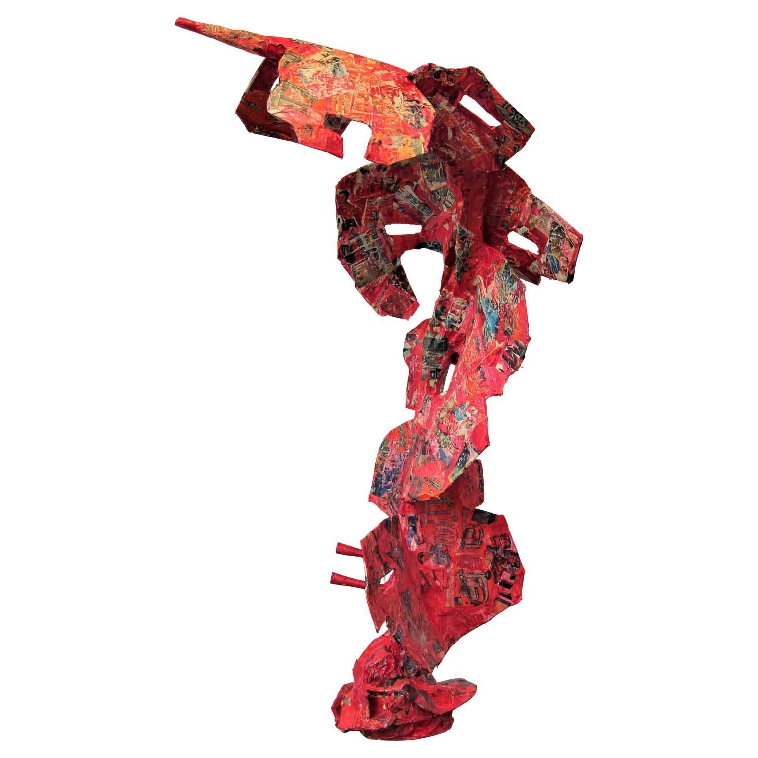Abstract Sculpture Brent Fogt - Sculpture abstraite contemporaine en collage de supports mélangés rouge « Culture Counter »
