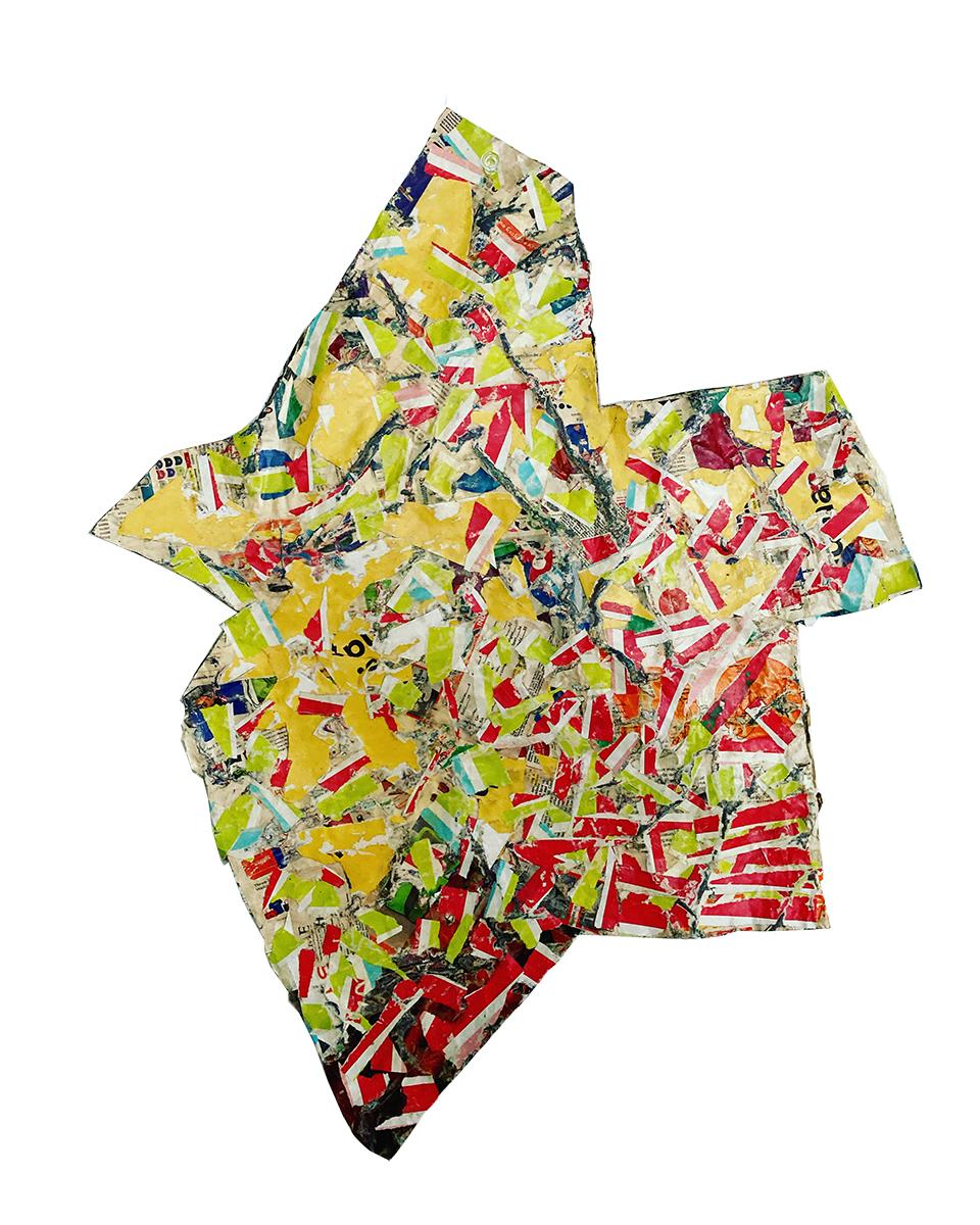 Brent Fogt Abstract Sculpture - "Limerick" Red, Yellow, and Light Green Abstract Mixed Media Sculptural Collage