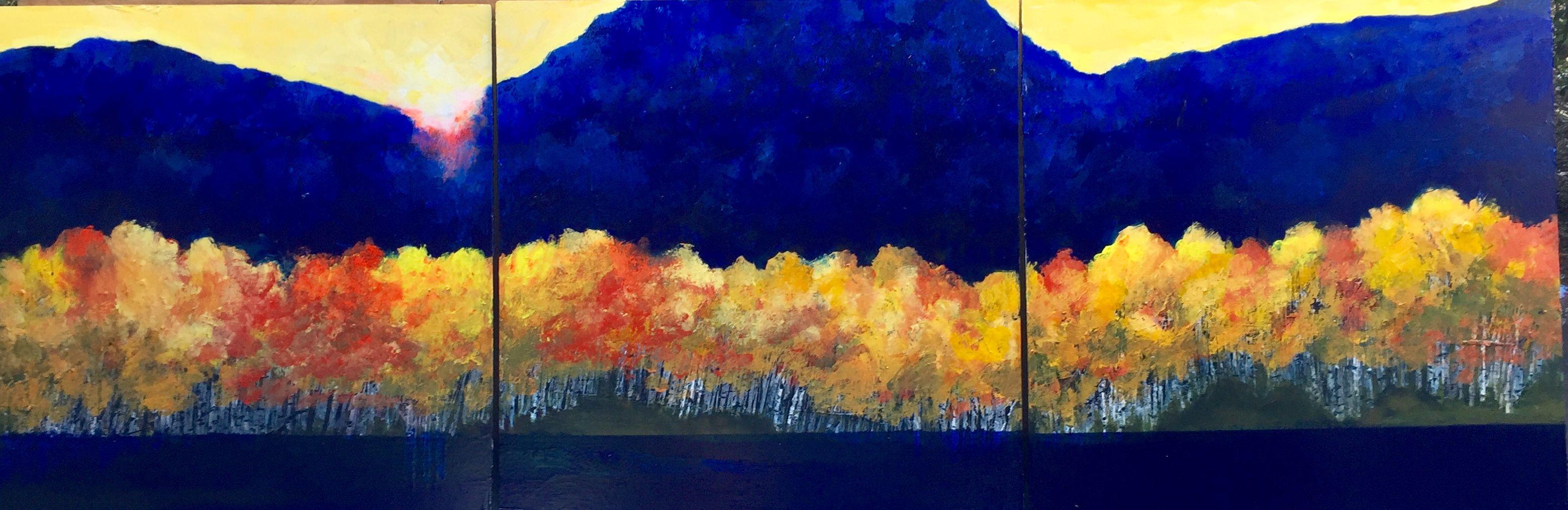 Simple yet strong celebration of fall foliage.  The newest addition to my Avenida de Los Arboles series.  This is an acrylic triptych done on aluminum panels that have no sides.  The panels are suspended from spacer bars that cause the piece to
