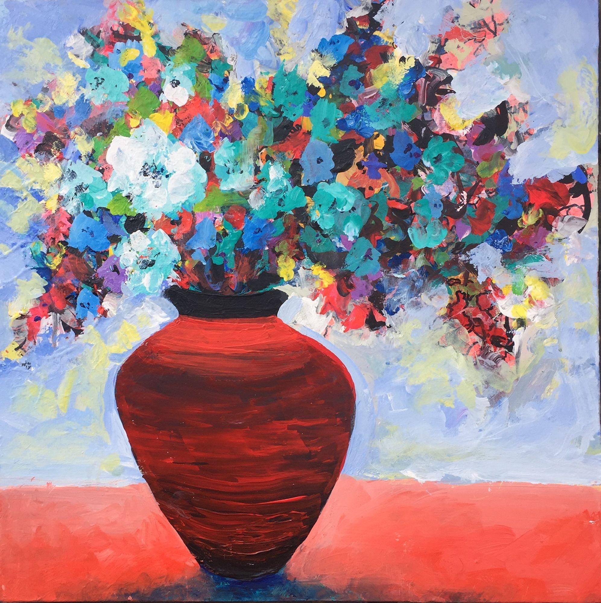Pot à fleurs rouges, peinture, acrylique sur toile - Painting de Brent Hanson