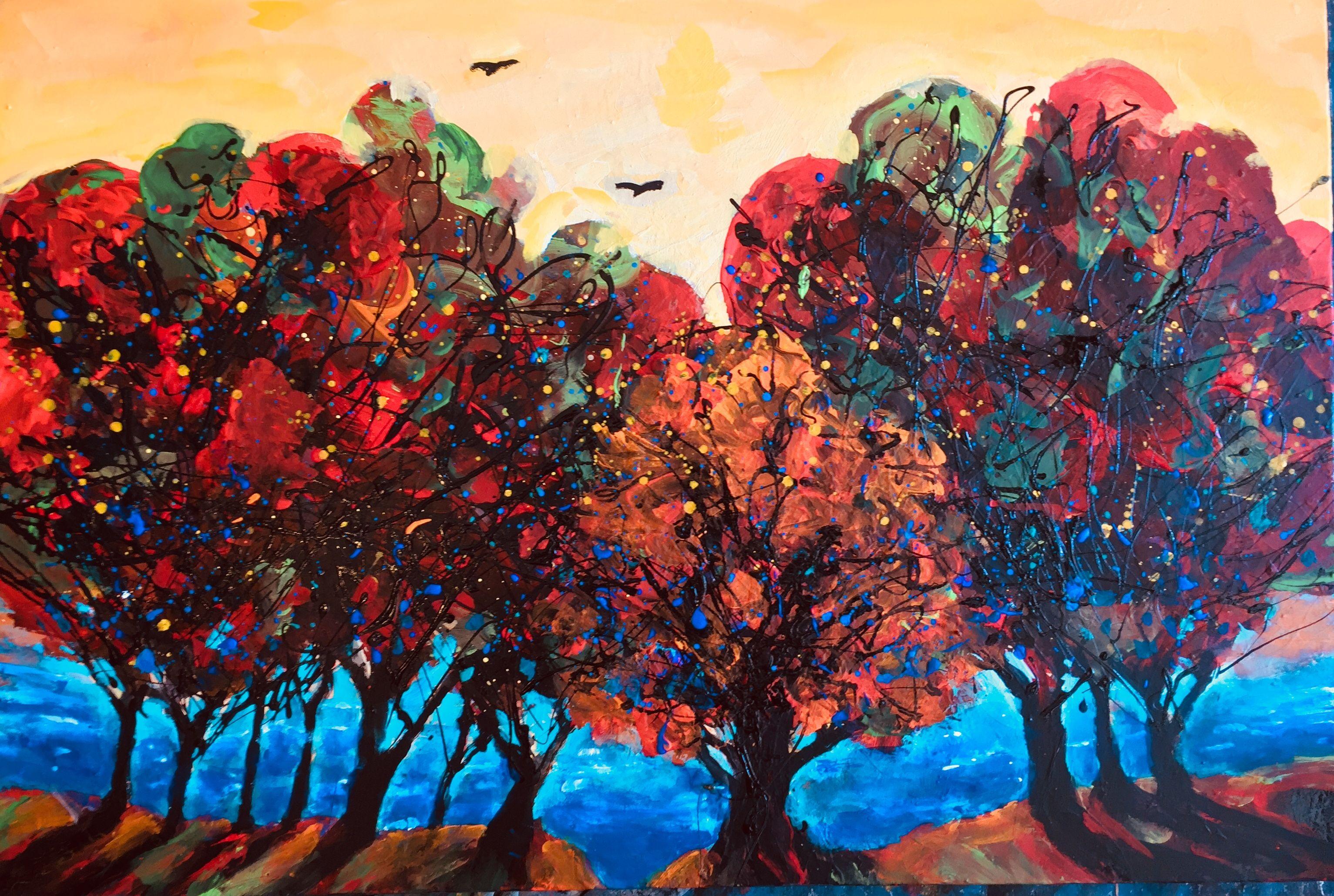 Ahhh, the fluorescence of autumn colors!  Original acrylic addition to my Avenida De Los Arboles series.  Work is varnished in a semi- gloss finish, sides painted charcoal grey, and wired and ready to hang.  May still be framed if desired. ::