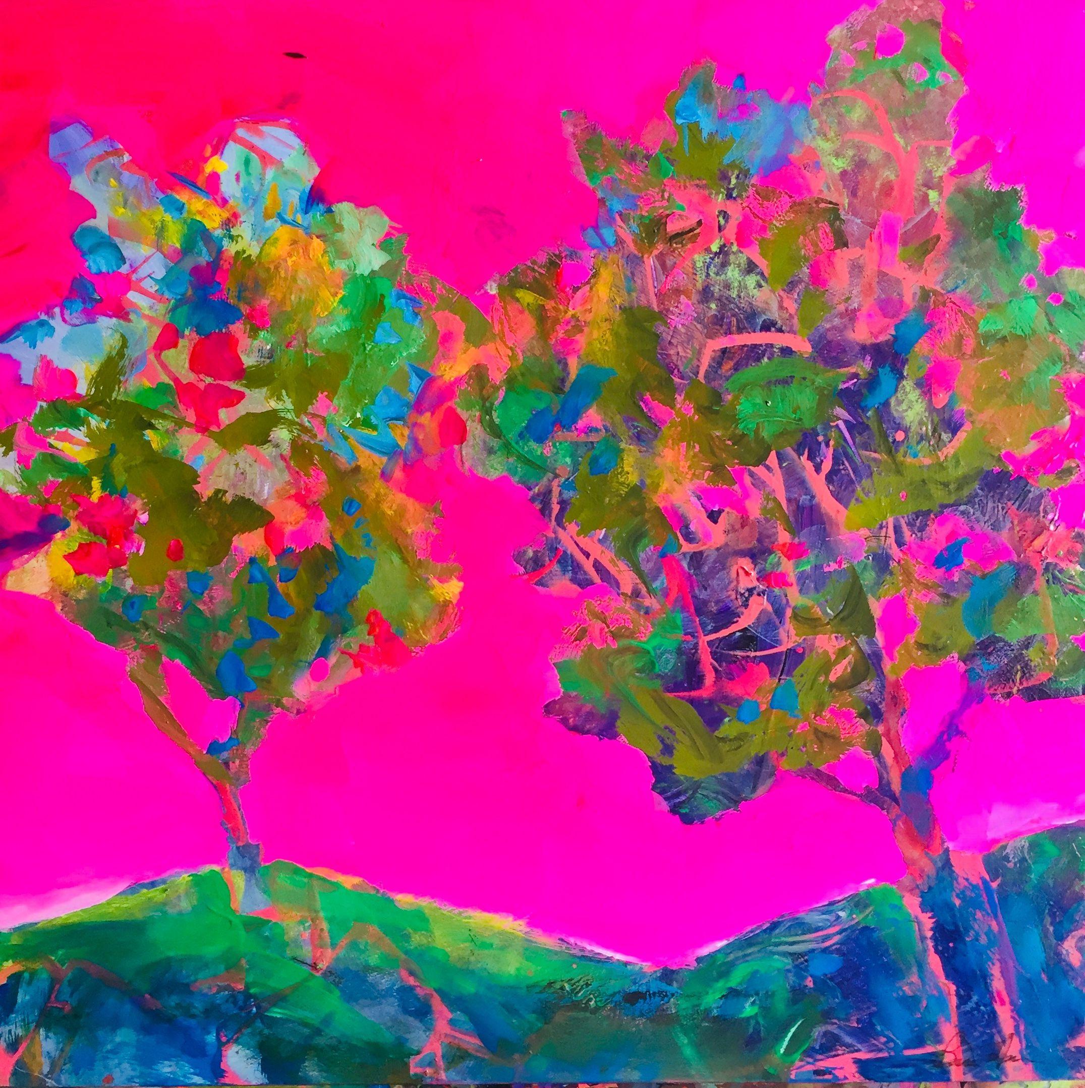 Vibrant, fun imaginary tree landscape.  Sides are painted a neutral tone to complement the art,  UV varnished, and wired to hang.  May still be framed if desired.  :: Painting :: Contemporary :: This piece comes with an official certificate of