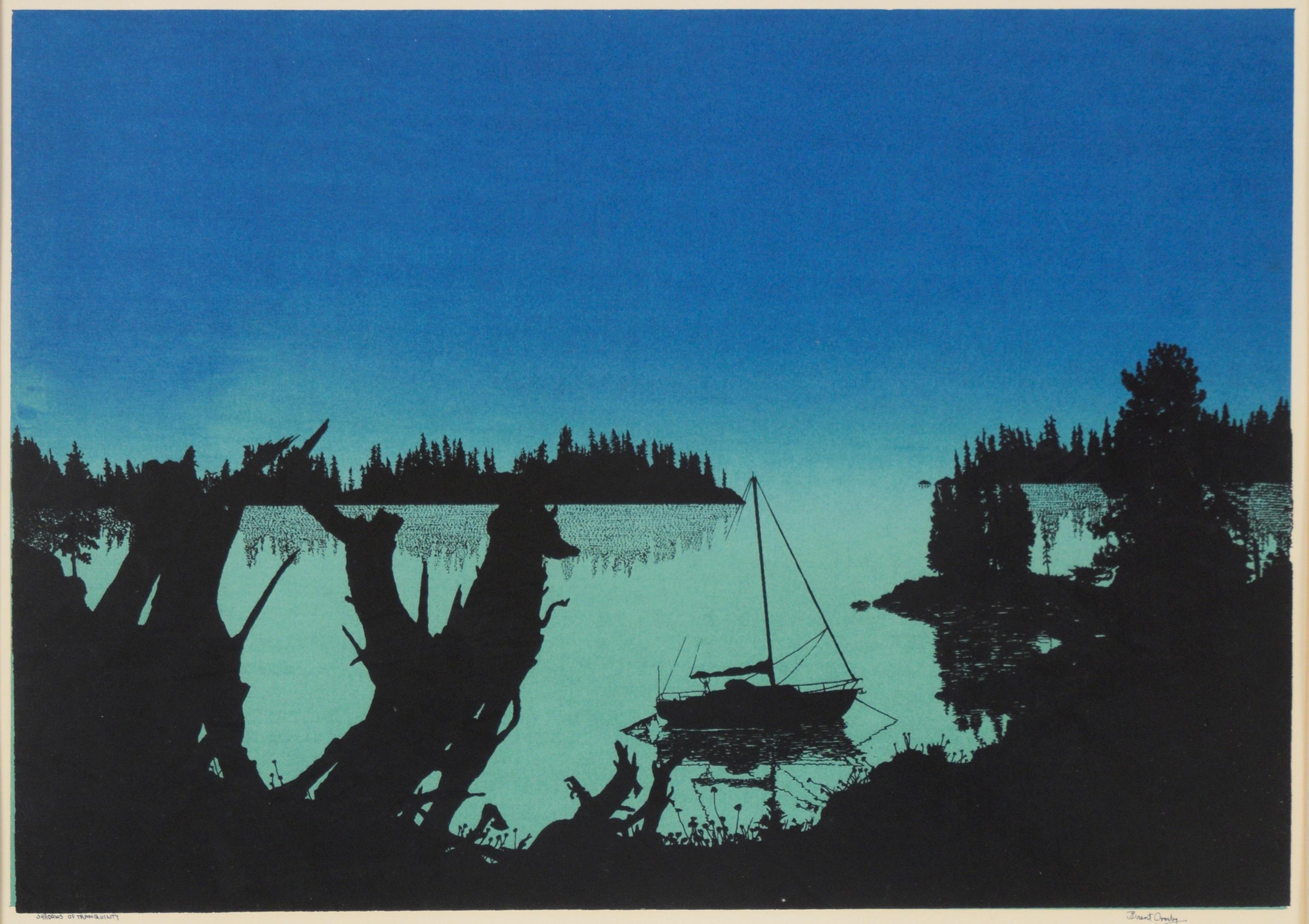 Barca solitaria al tramonto - Stampa serigrafica - Print di Brent Overby