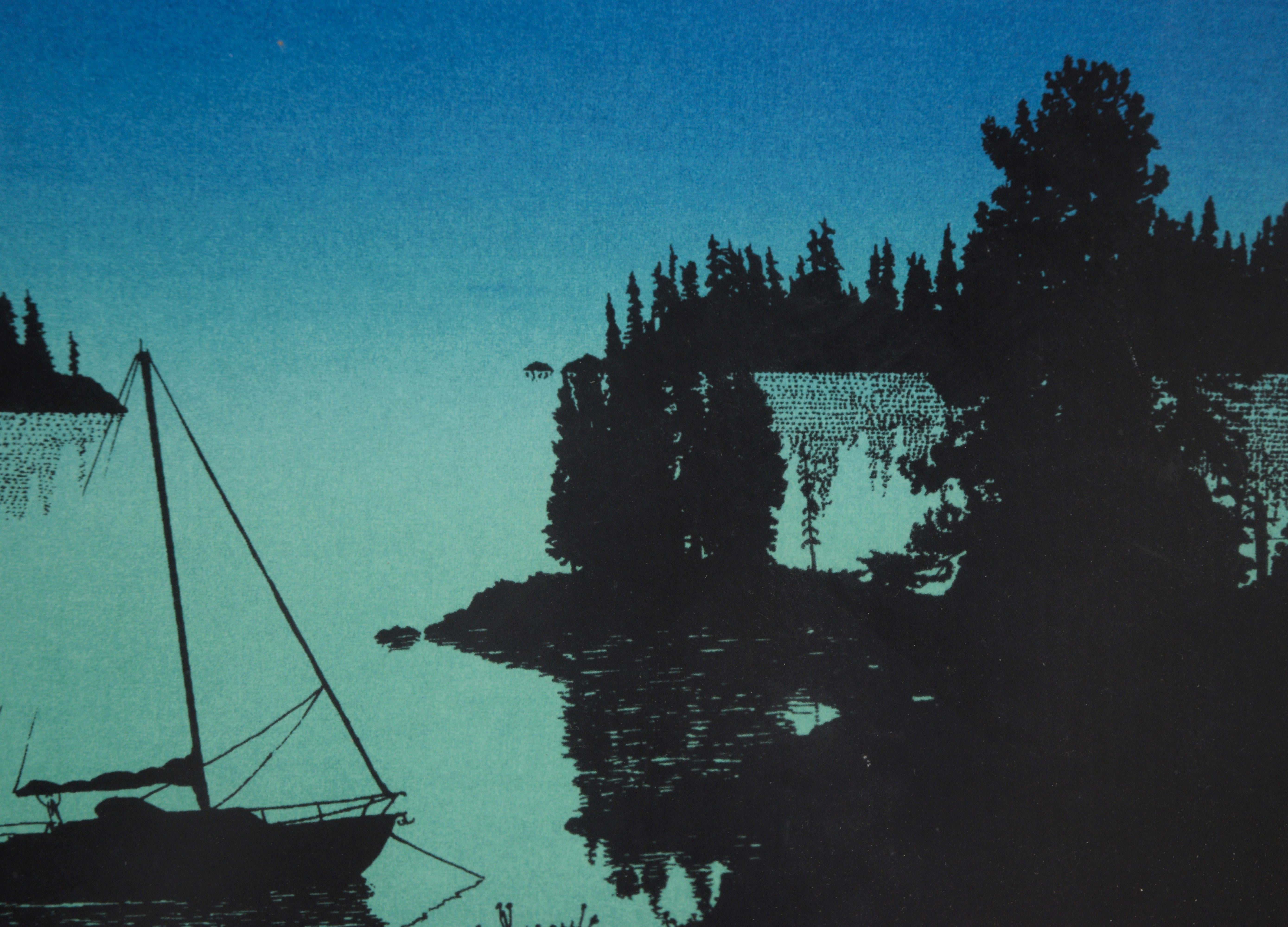 Barca solitaria al tramonto - Stampa serigrafica - Abstract Print Blu di Brent Overby