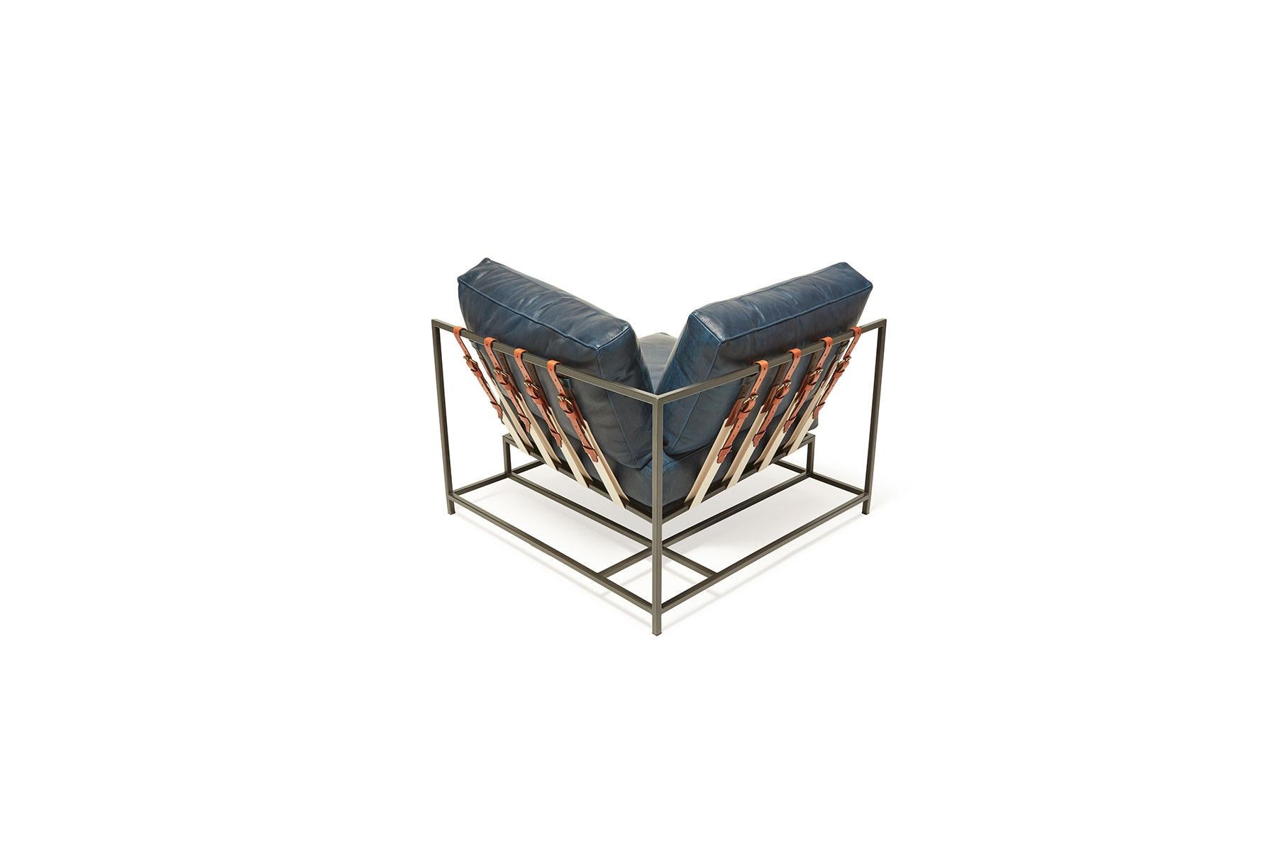 Contemporary Brentwood Navy and Blackened Steel Corner Chair For Sale