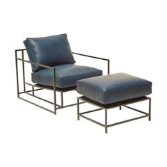 Brentwood Navy Leather and Blackened Steel Armchair and Ottoman Set