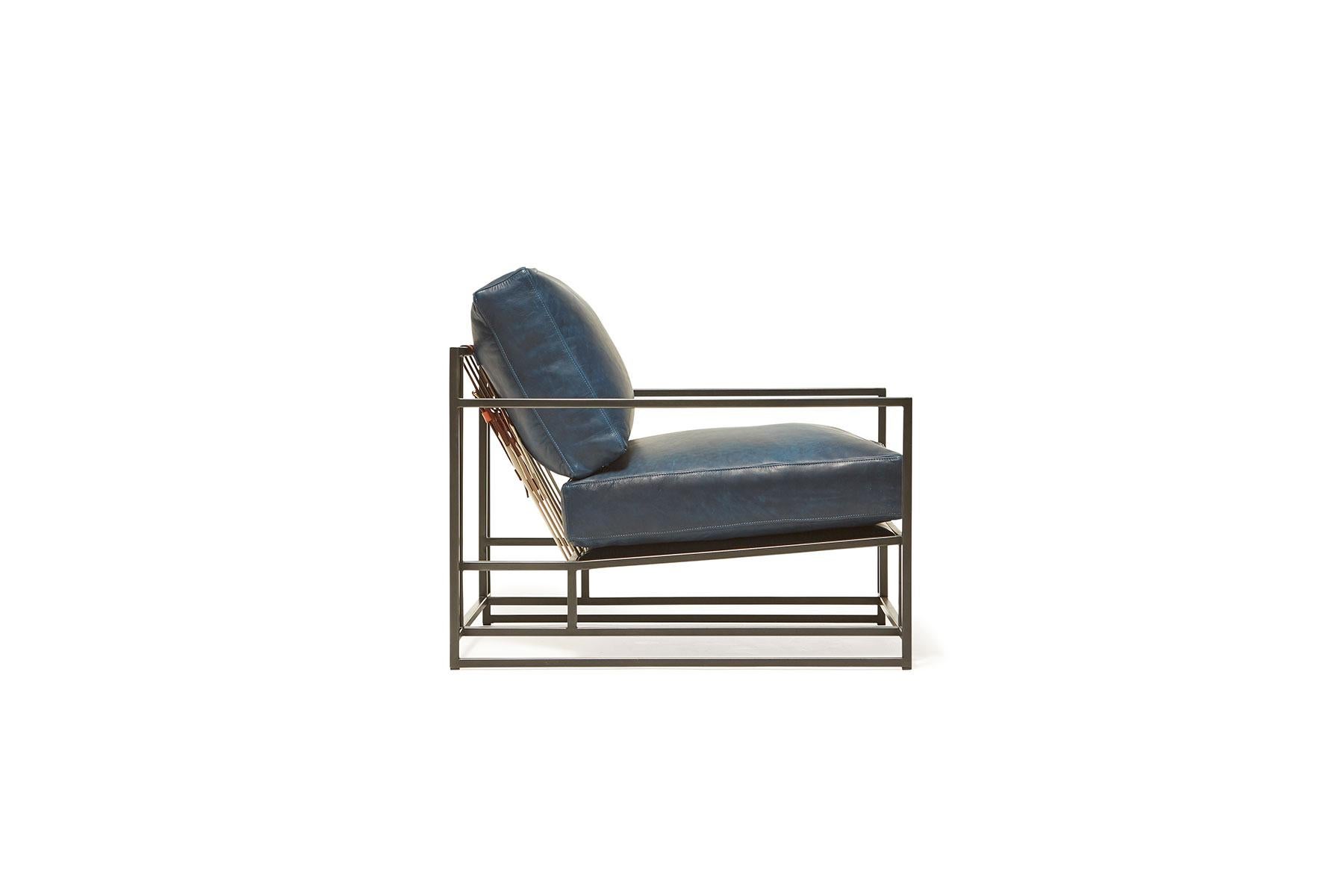Modern Brentwood Navy Leather and Blackened Steel Armchair For Sale