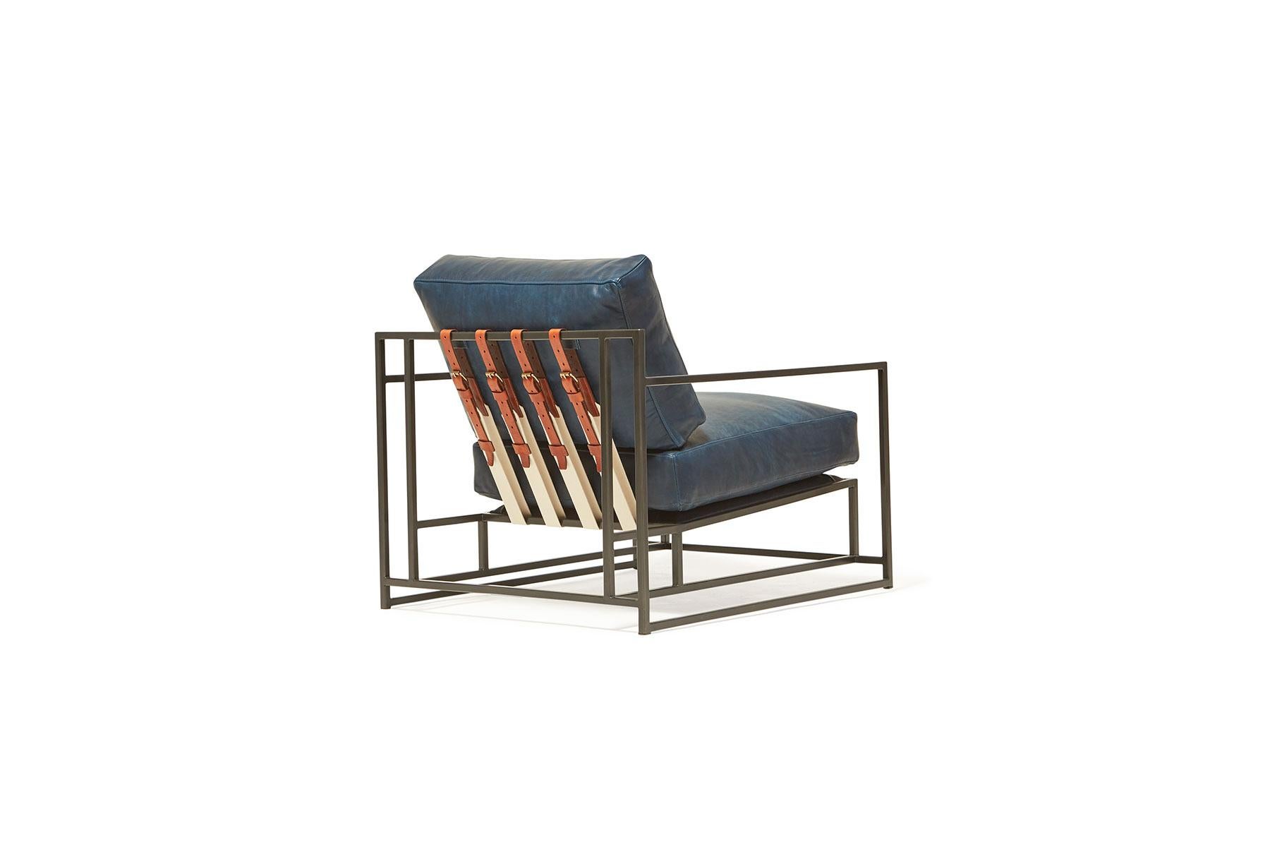 American Brentwood Navy Leather and Blackened Steel Armchair For Sale