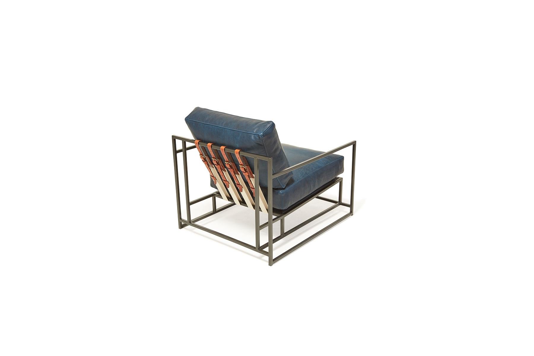 Contemporary Brentwood Navy Leather and Blackened Steel Armchair For Sale