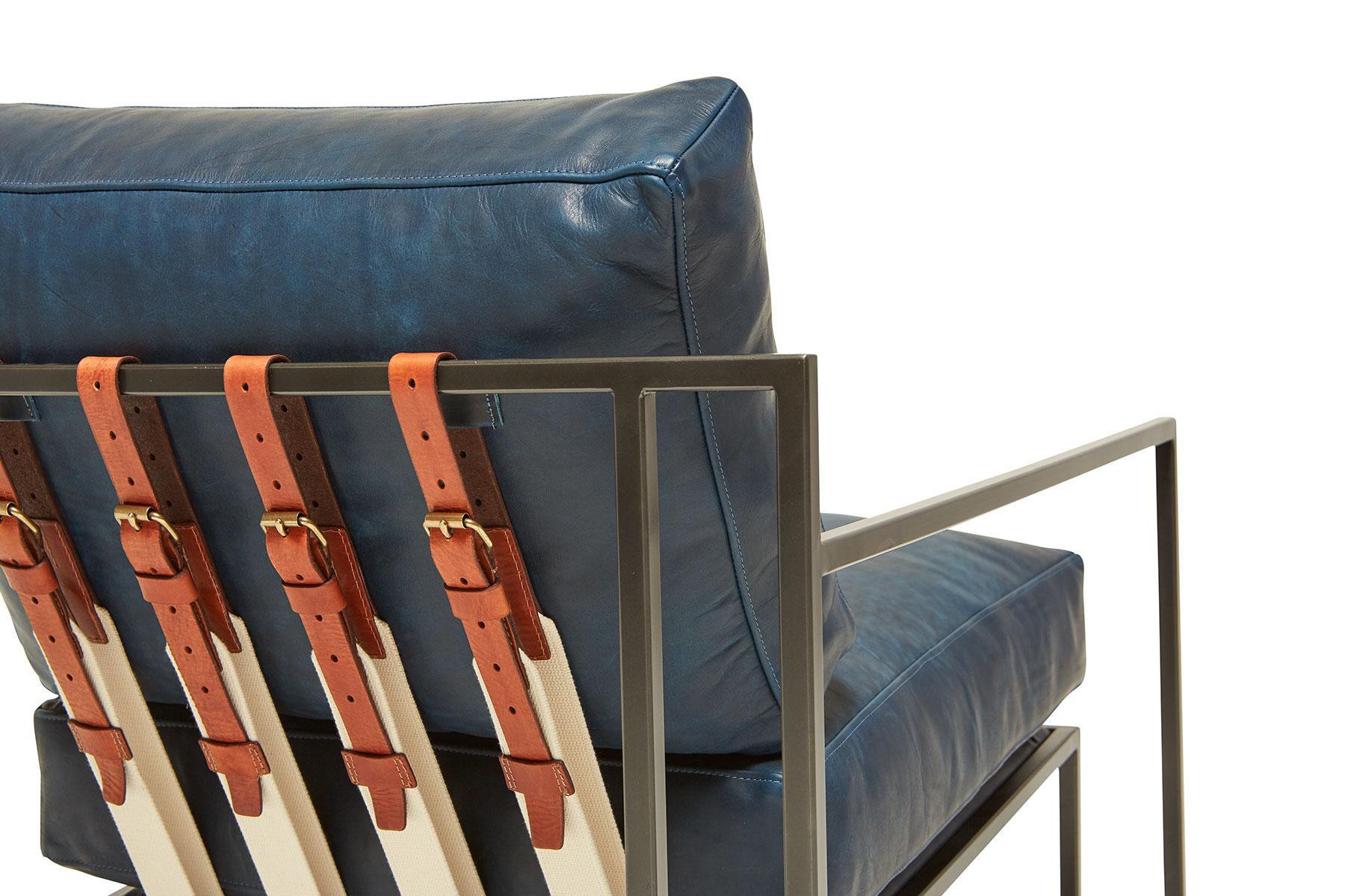 Brentwood Navy Leather and Blackened Steel Armchair For Sale 1