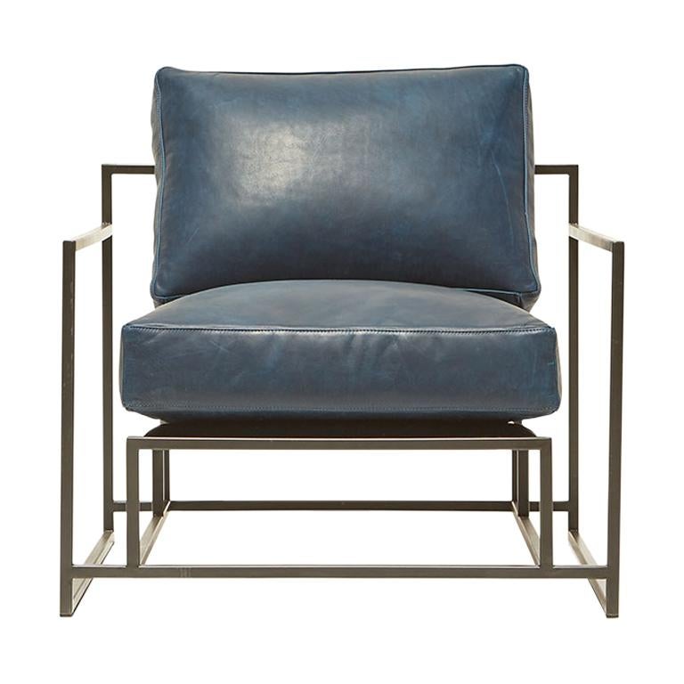 Brentwood Navy Leather and Blackened Steel Armchair For Sale