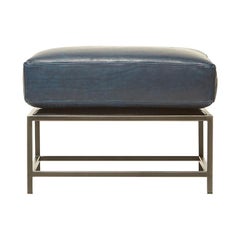 Brentwood Navy Leather and Blackened Steel Ottoman