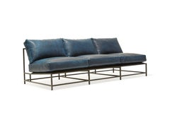 Brentwood Navy Leather and Blackened Steel Armless Sofa