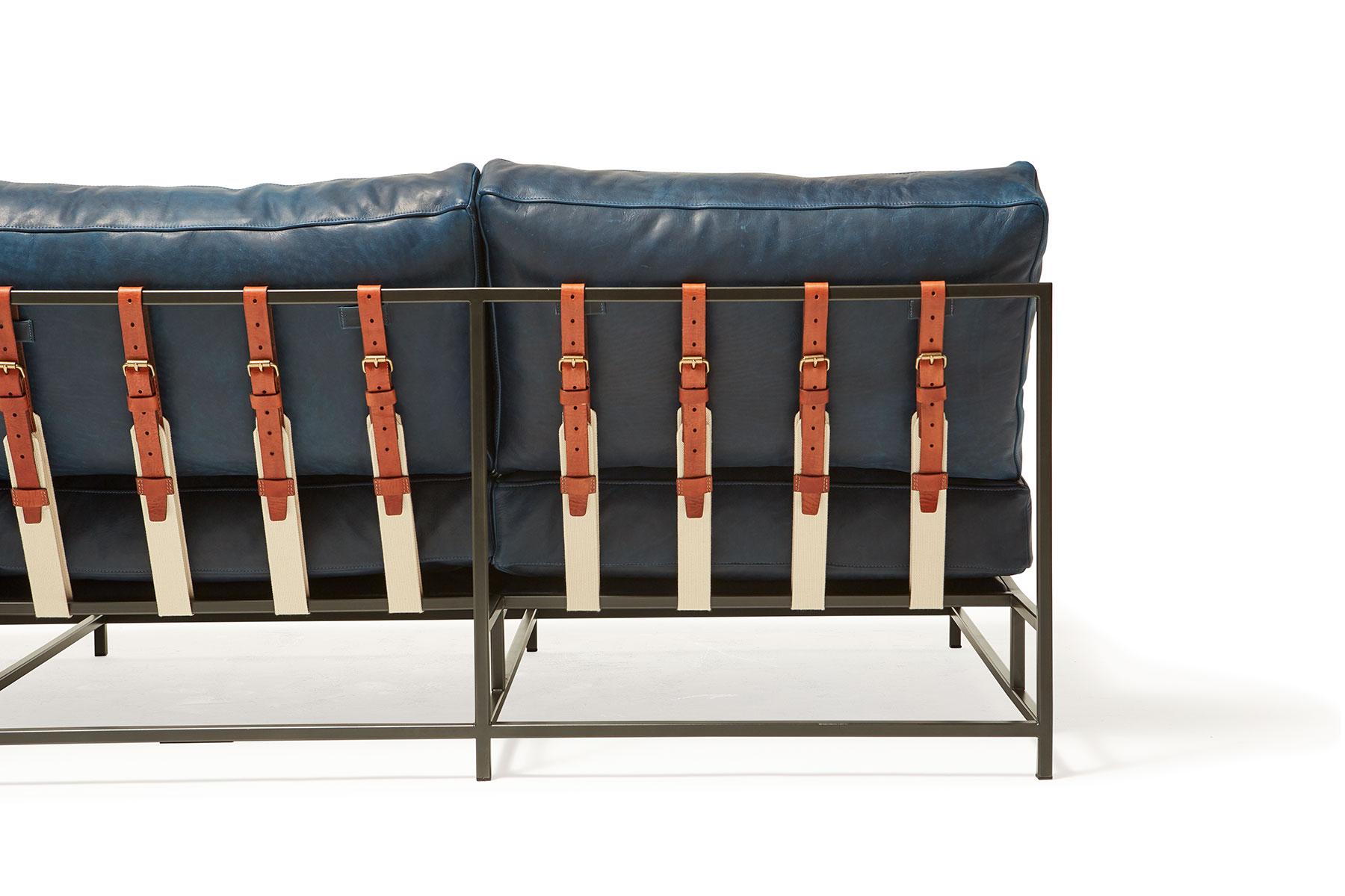 Modern Brentwood Navy Leather and Blackened Steel Armless Sofa For Sale