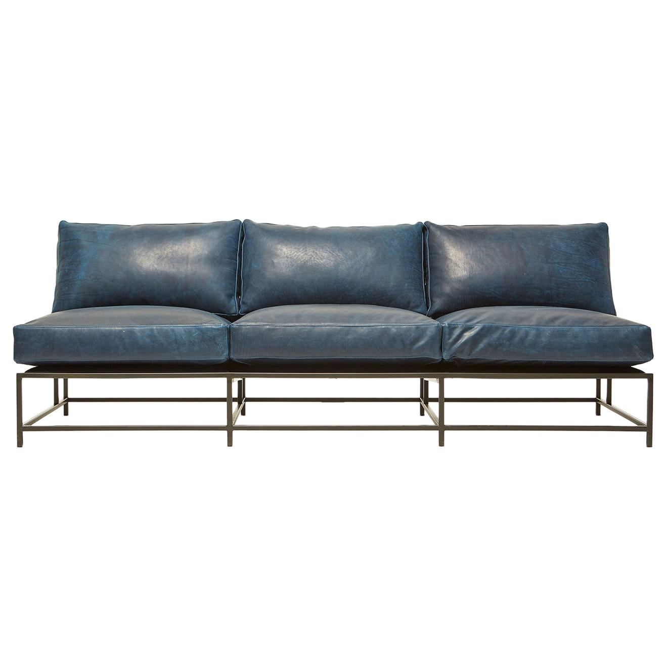 Brentwood Navy Leather and Blackened Steel Armless Sofa For Sale