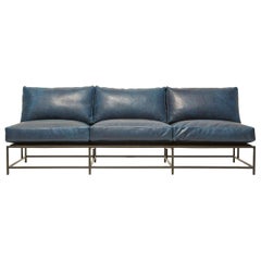 Brentwood Navy Leather and Blackened Steel Armless Sofa