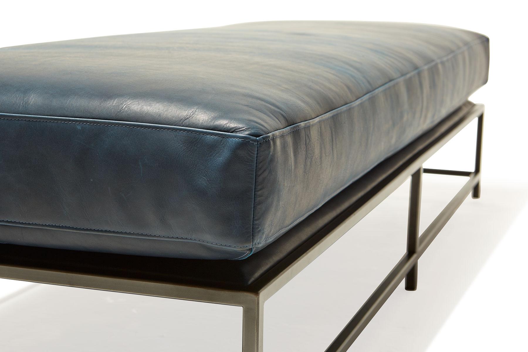 American Brentwood Navy Leather and Blackened Steel Extra Large Bench For Sale
