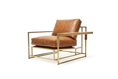 Brentwood Tan Leather and Antique Brass Armchair and Walnut Wing Table
