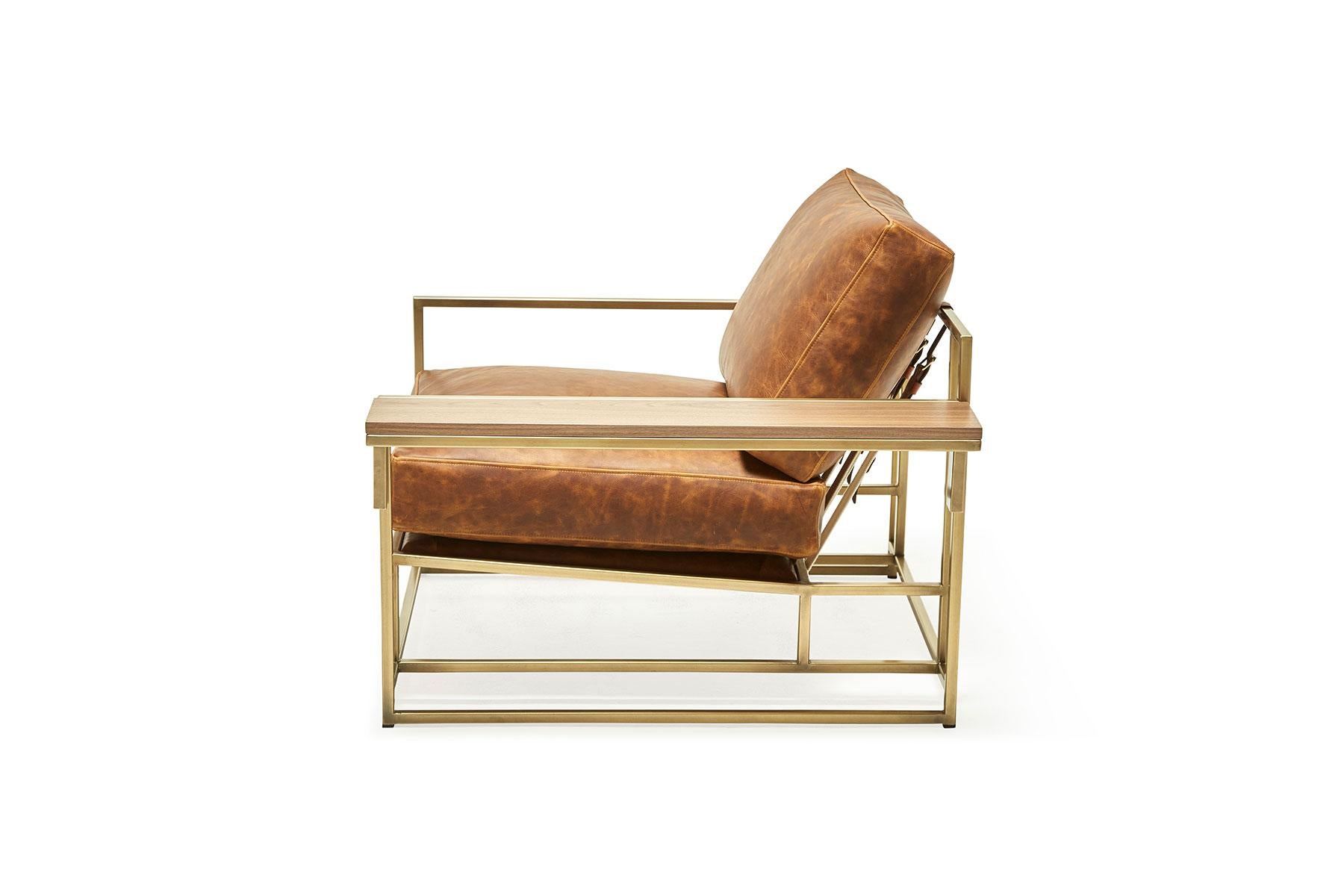 Modern Brentwood Tan Leather and Antique Brass Armchair and Walnut Wing Table For Sale