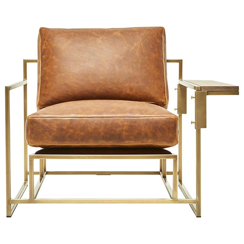 Brentwood Tan Leather and Antique Brass Armchair and Walnut Wing Table
