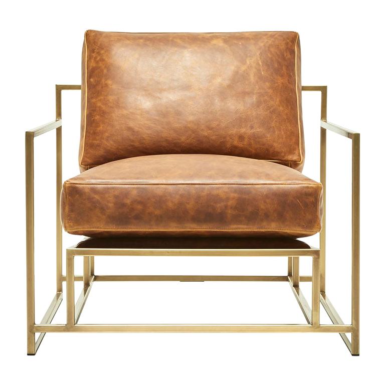 Brentwood Tan Leather and Antique Brass Armchair For Sale