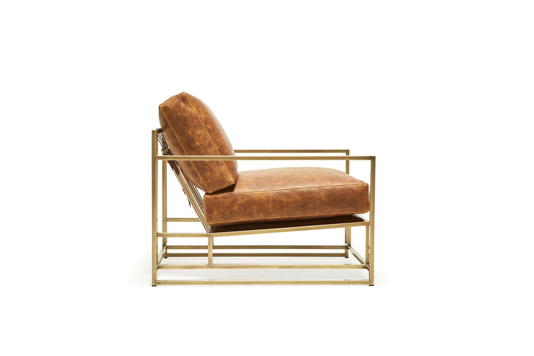 Modern Brentwood Tan Leather and Antique Brass Armchair For Sale