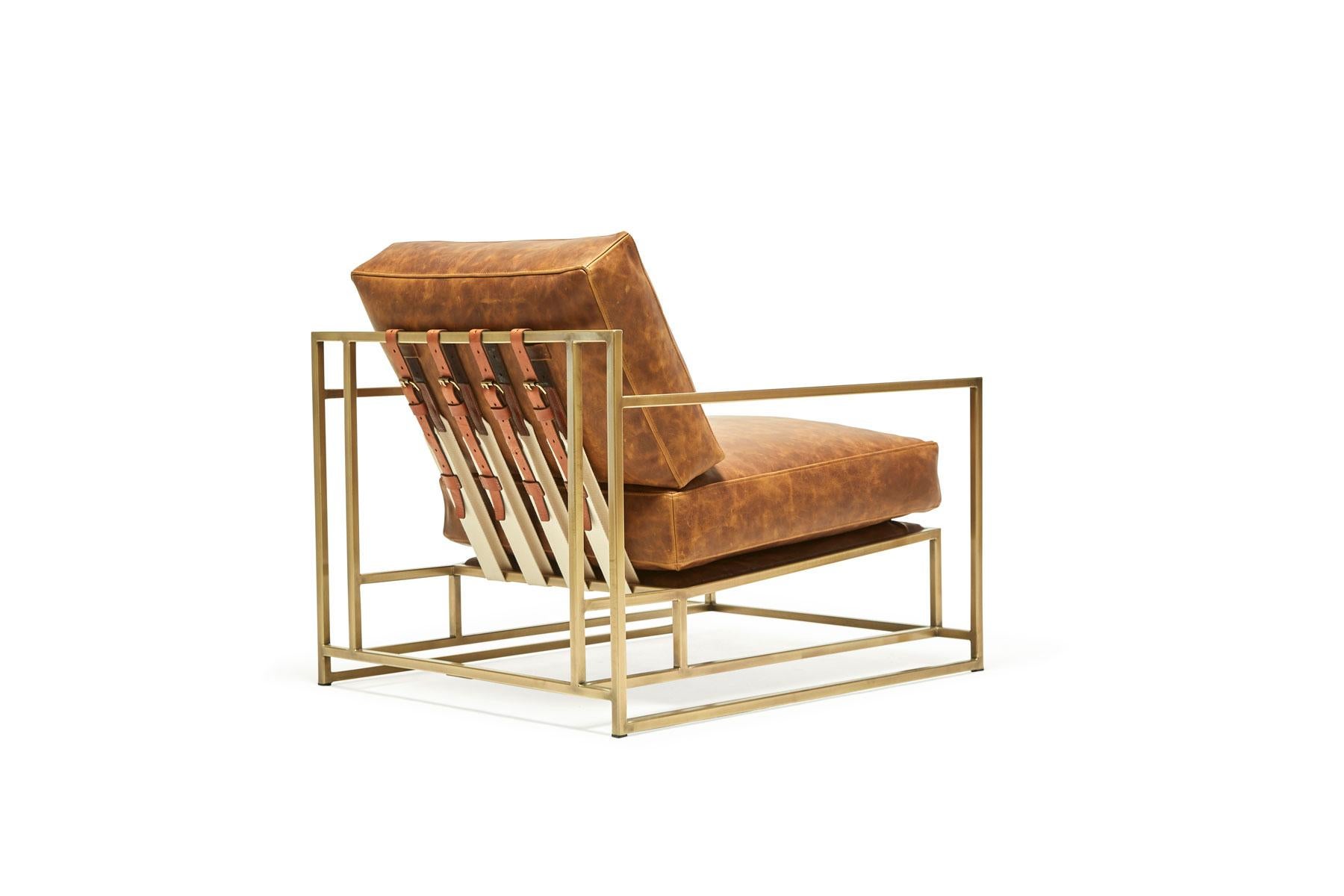 American Brentwood Tan Leather and Antique Brass Armchair For Sale