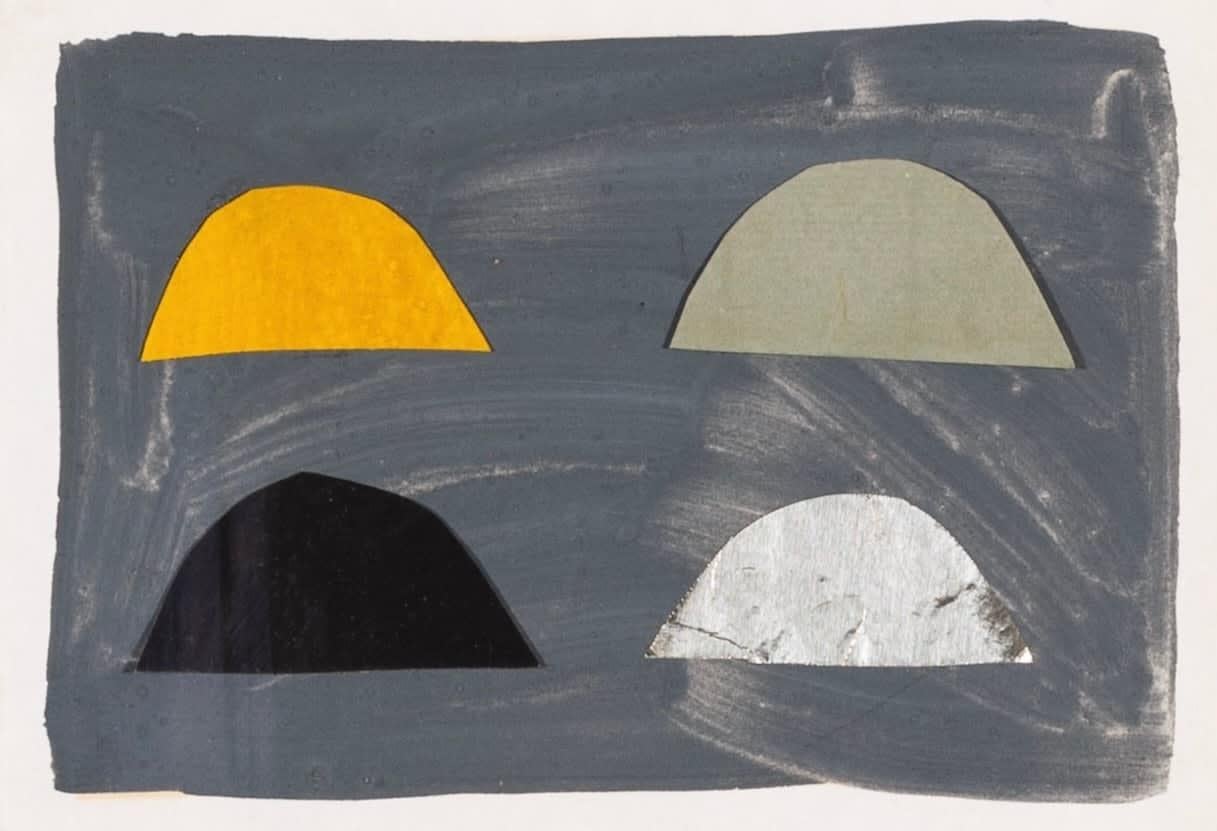 Tarjeta de Navidad (Gris oscuro con cuatro recortes pintados) Pintura de Breon O'Casey

Más información:
Técnica: Gouache y collage
10.2 x 14.2 cm
4 x 5 5/8 in

Nacido en Londres en 1928, Breon O'Casey era hijo de la actriz Eileen Reynolds y del