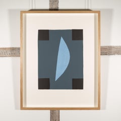 Lune - Linogravure abstraite moderniste du XXe siècle, en bleu et noir