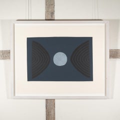 Lune - Linogravure Modern British abstraite bleu foncé et blanc