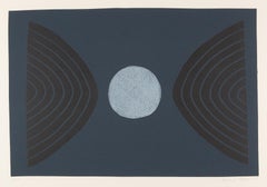 Lune - Linogravure Modern British abstraite bleu foncé et blanc