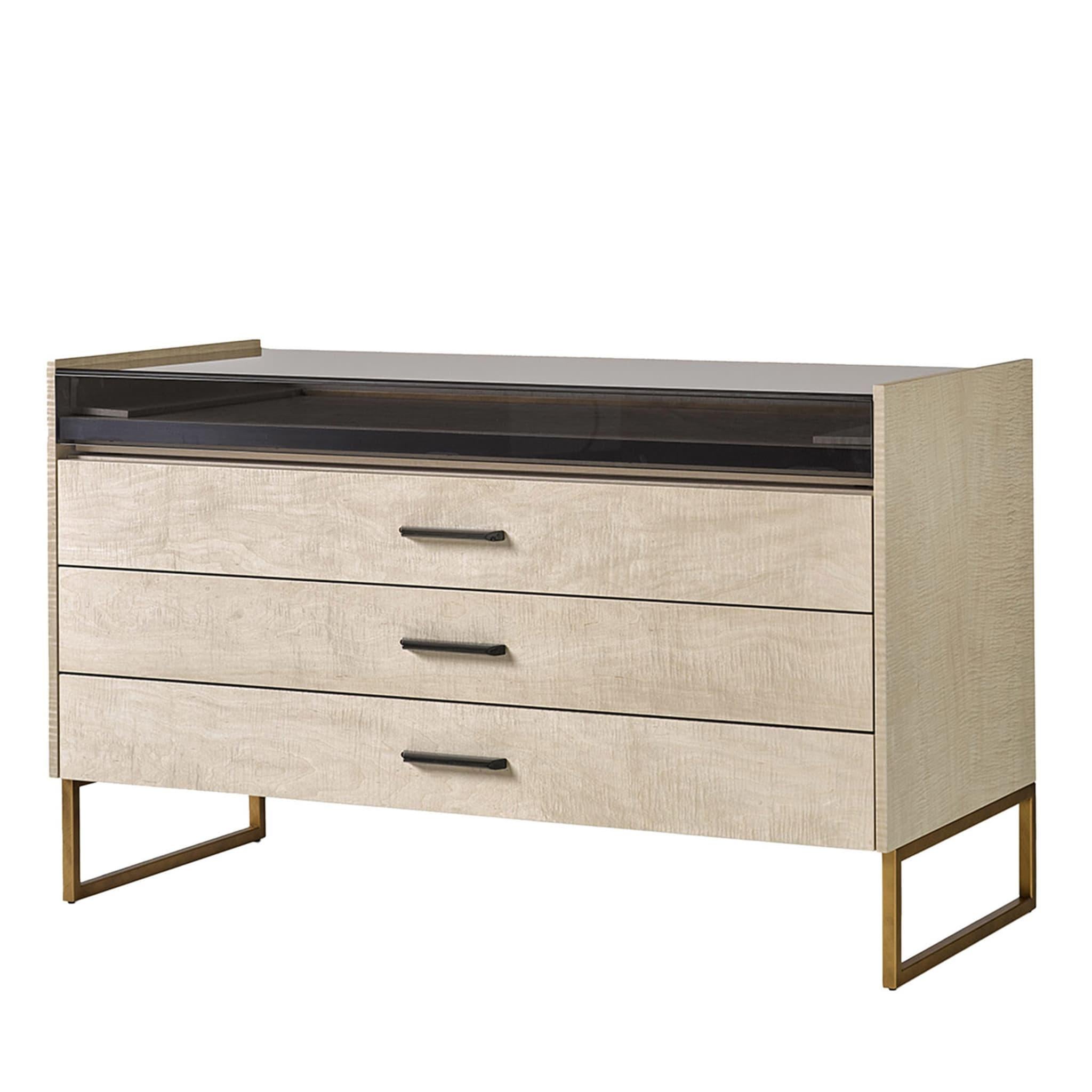 Dresser composed of three drawers and upper glass case with removable leather drawer. Particular finish in veneered wood that creates a 'wavy silk' effect thanks to this type of natural grain. Made up of metal legs, wooden handle, and leather top.